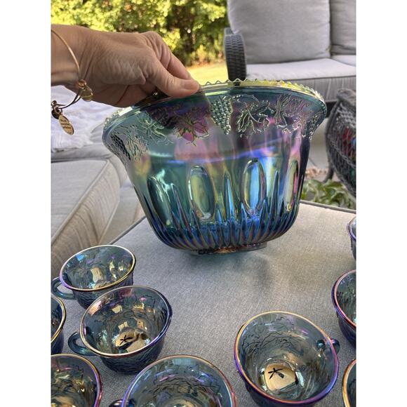 VINTAGE INDIANA GLASS IRIDESCENT BLUE HARVEST CARNIVAL GLASS PUNCH BOWL SET - Picture 6 of 11